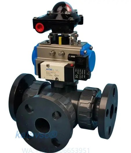 3 way pneumatic actuated flange end PVC ball valve