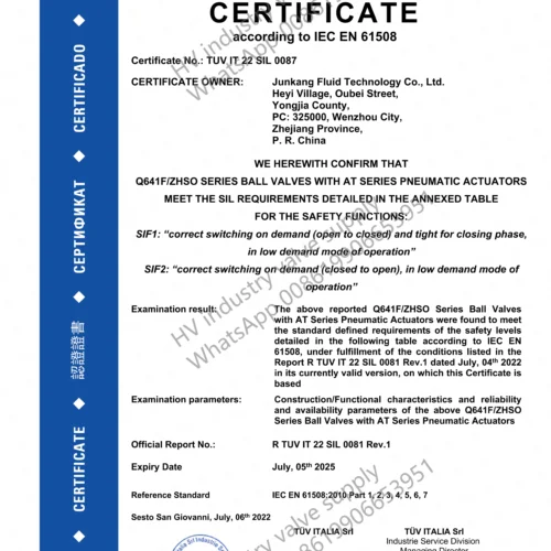 TUV IT 22 SIL certificate for industry valve