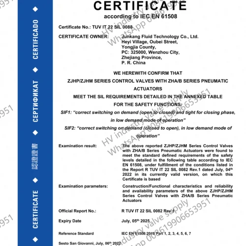 TUV IT 22 SIL certificate for industry valve manufacture